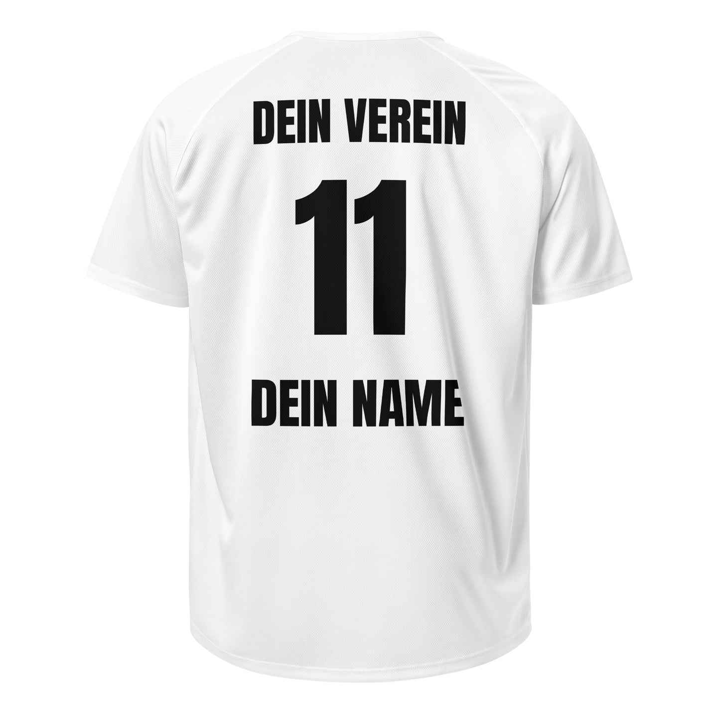Weißes Team Trikot, Rückseite freigestellt mit Aufdruck „DEIN VEREIN“, Nummer 11 und „DEIN NAME“.