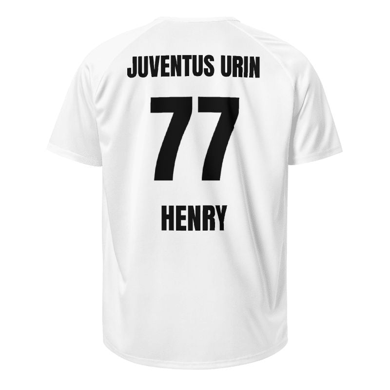Weißes Teamshirt, Rückseite freigestellt mit Text „JUVENTUS URIN“, Nummer 77 und Name „HENRY“.
