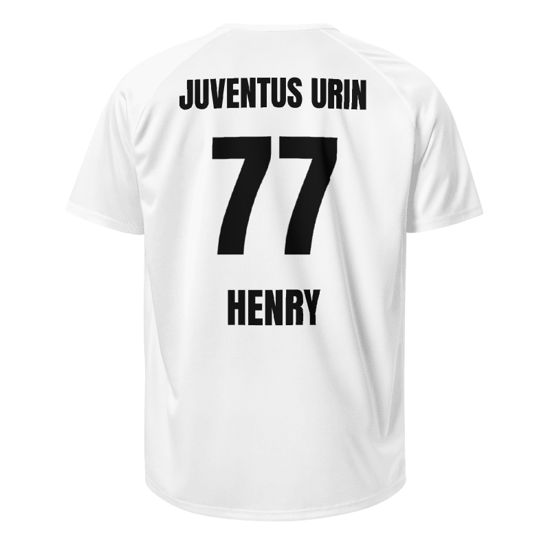 Weißes Teamshirt, Rückseite freigestellt mit Text „JUVENTUS URIN“, Nummer 77 und Name „HENRY“.
