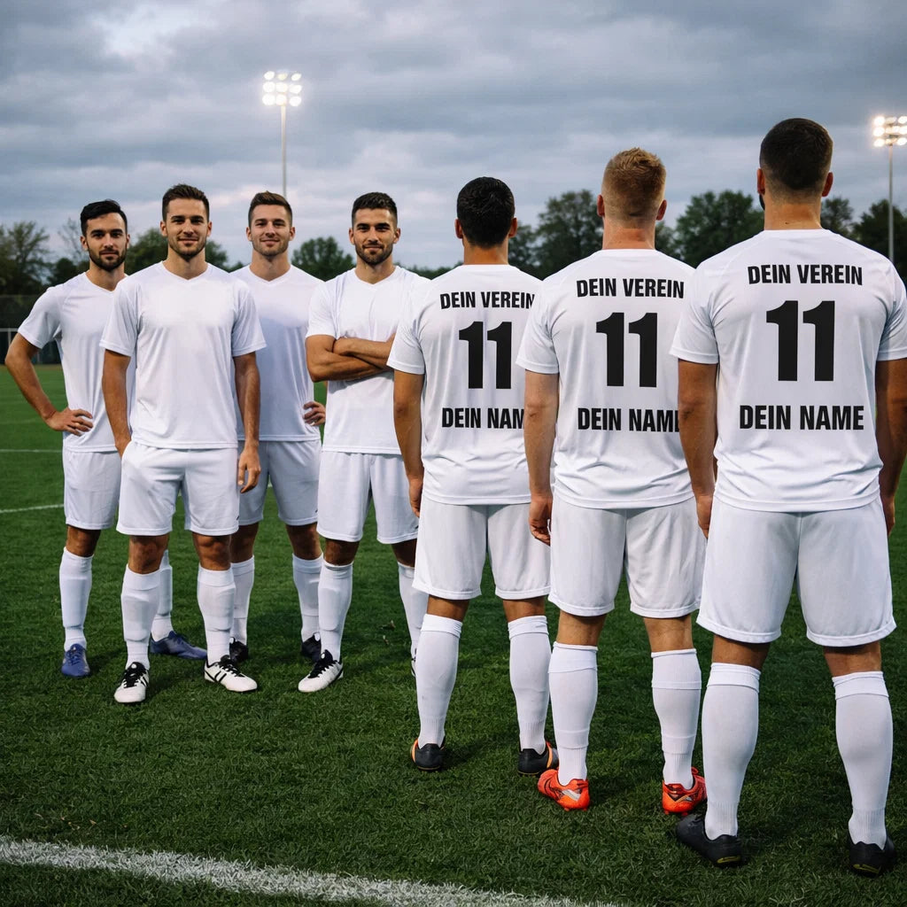 Weißes Mannschaftstrikot in Gruppenszene auf dem Sportplatz; mehrere Spieler, teils mit „DEIN VEREIN“, 11, „DEIN NAME“.