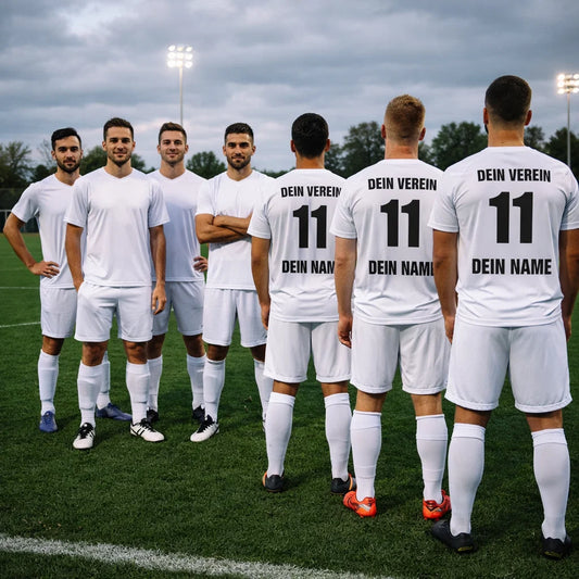 Weißes Mannschaftstrikot in Gruppenszene auf dem Sportplatz; mehrere Spieler, teils mit „DEIN VEREIN“, 11, „DEIN NAME“.